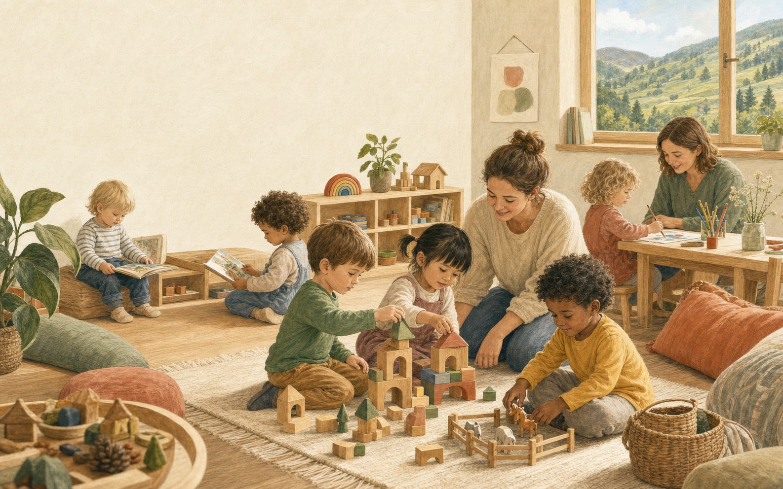 Illustration einer hellen Spielgruppe, in der Kinder gemeinsam spielen, bauen und malen